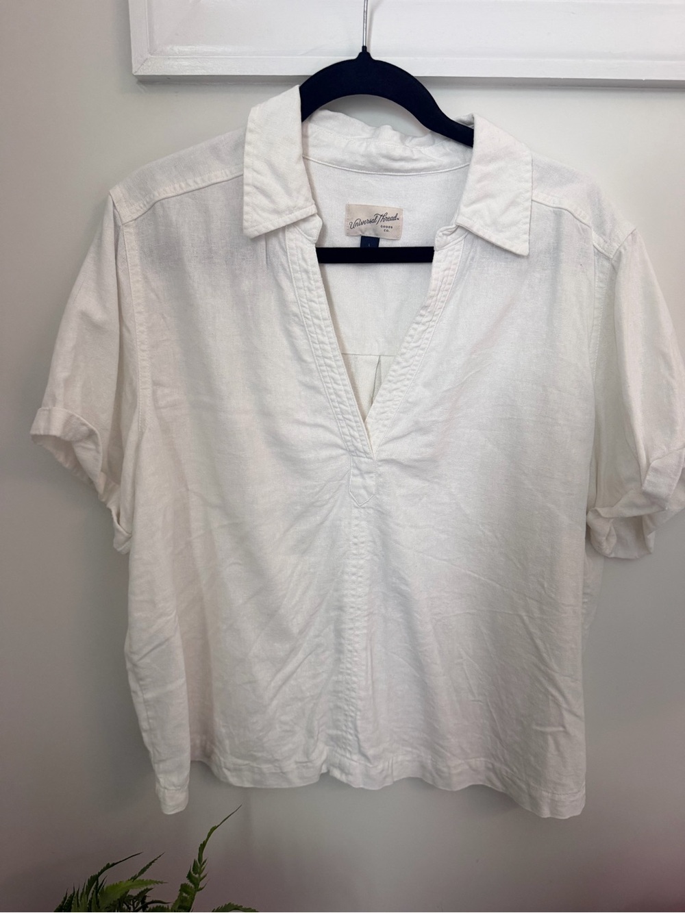 Linen Blend White V-Neck Collared Top Universal Thread